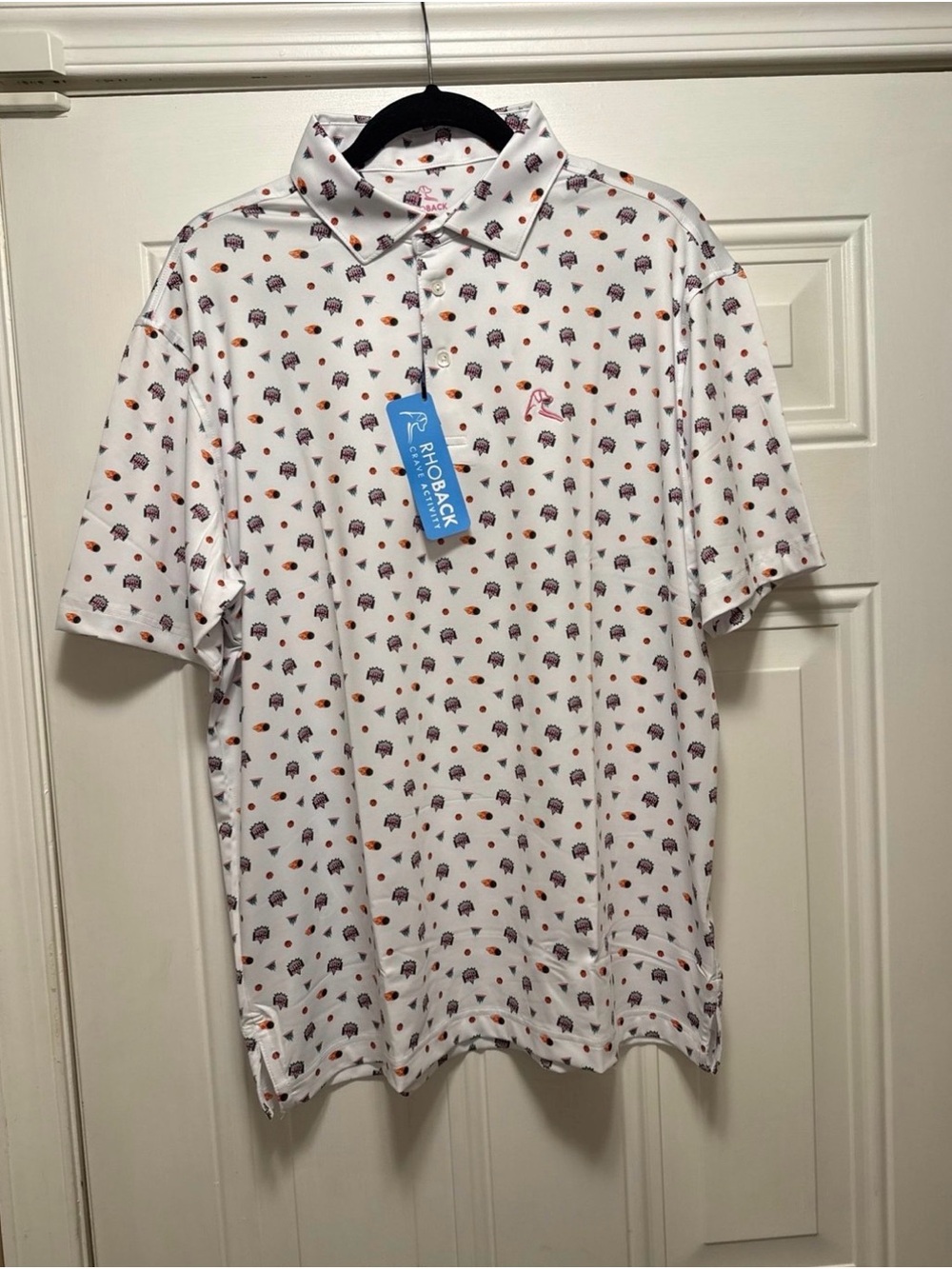 Rhoback Boomshakalacka White Polo with Navy and Orange Micro Pattern